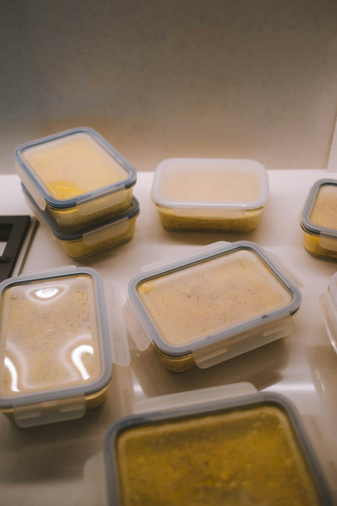 Five meal prep containers with varied chicken seasonings, vegetables, and rice portions for the week